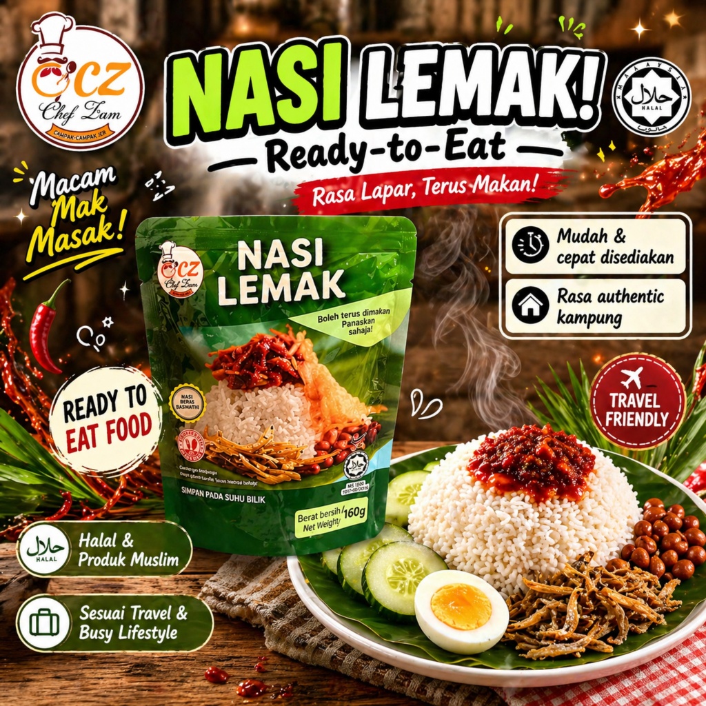 Chef Zam NASI LEMAK FREE SAMBAL150GRAM READY TO EAT travel KEMBARA instant rice PAKETi