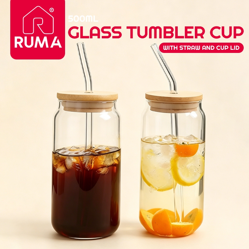 500ML Clear Glass Can Cup with Bamboo Lid & Glass Straw - Aesthetic Drinkware Glass Tumbler Cup