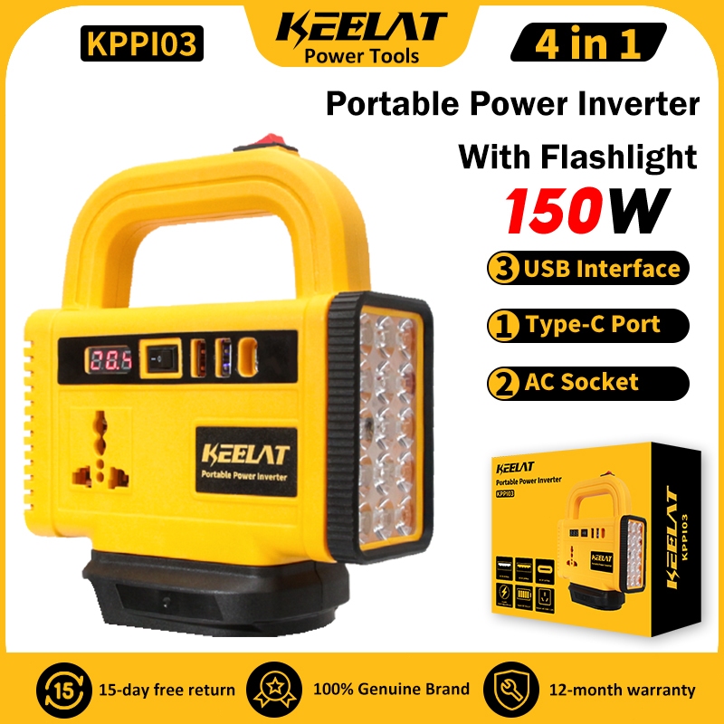 KEELAT KPPI03 150W Portable Power Inverter 120W AC Output 20V MT Battery USB C LED Flashlight Camping Emergency