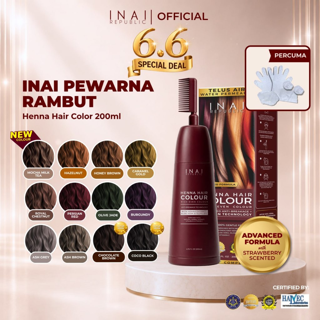 INAI PEWARNA RAMBUT HALAL INAI REPUBLIC - Tanpa Bleaching | Bau Wangi Strawberry | Olive oil & Premium Aloevera Extract