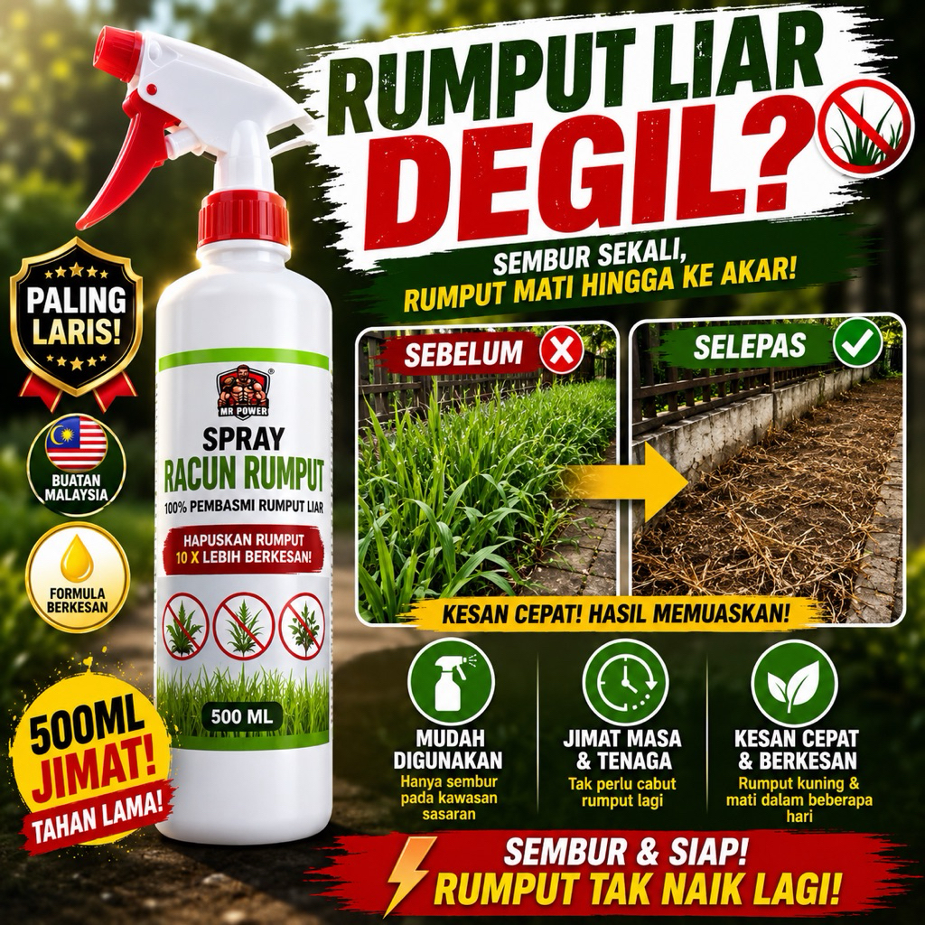 Mr Power Spray Racun Rumput Liar 500ml - Tiada Lagi Rumput Liar & Membasmi Rumput 10 Kali Lebih Berkesan