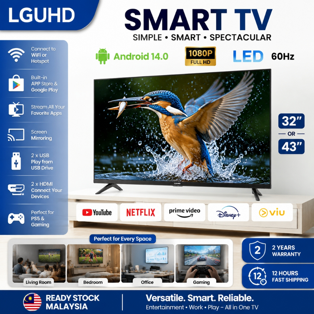 LGUHD Smart TV 32 inci Televisyen 4K Smart TV murah 43 inch Android 14.0 TV WiFi YouTube Netflix