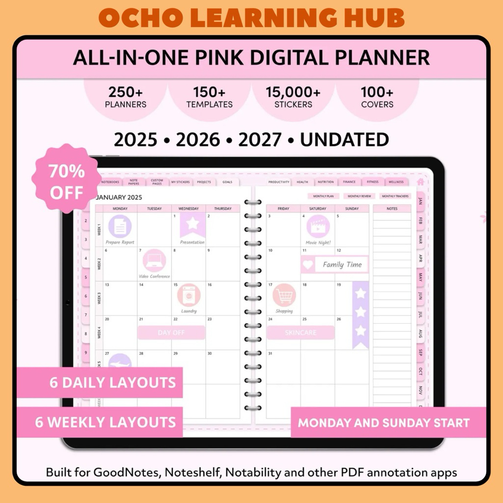 [NEW] 2026 All in One Digital Planner Undated Rose Pink with hyperlinks for Goodnotes, Notability, Ipad and Android
