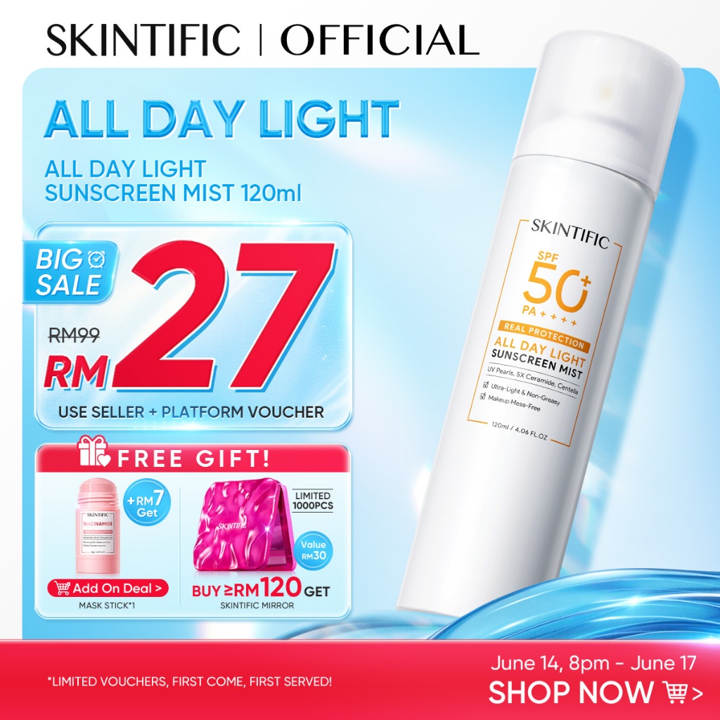 SKINTIFIC All Day Light Sunscreen Mist SPF50+ PA++++ Double Antioxidant Sunscreen Spray Physical UV Protection Centella
