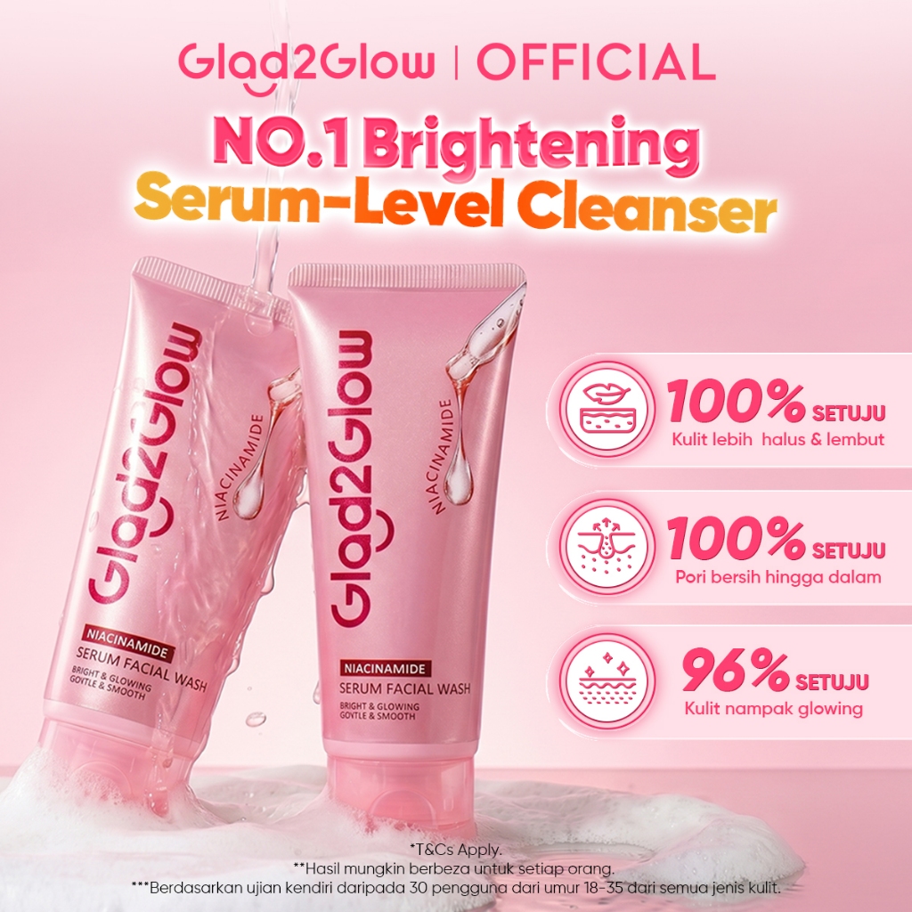 [Live Extra]Glad2Glow Niacinamide Serum Facial Wash Cleanser Brightening Hydrating Glowing Face Wash Pencuci Muka