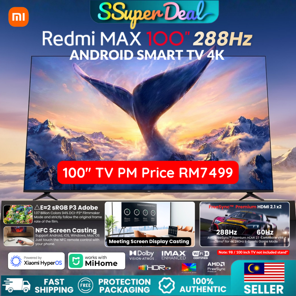 2026 Xiaomi Redmi MAX TV 85" 100" inch 4K UHD Android Smart Gaming 288Hz MEMC Office Display HDMI 2.1 FreeSync Monitor