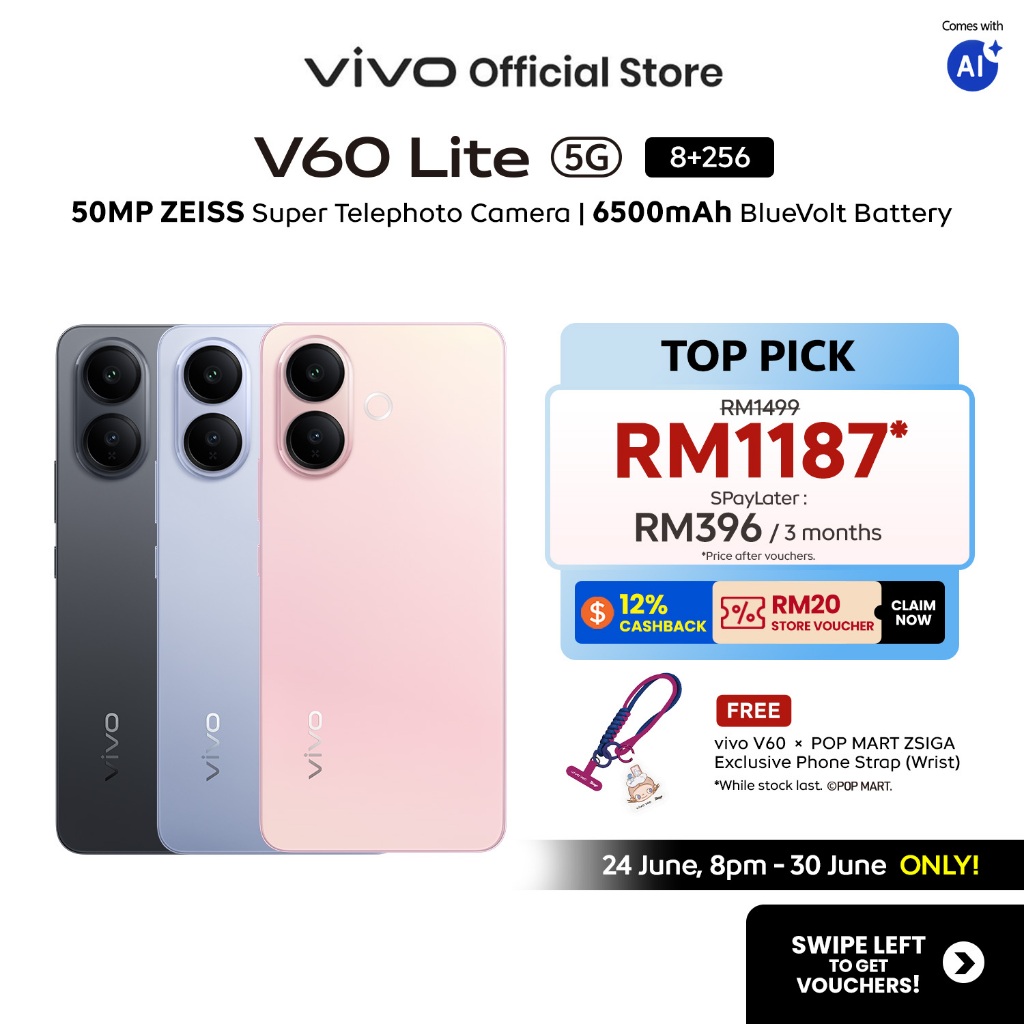 [Online Exclusive] vivo V60 Lite 5G 16*(8+8)GB+256GB 50MP ZEISS Super Telephoto Camera 7360-Turbo Dimensity AI Aura