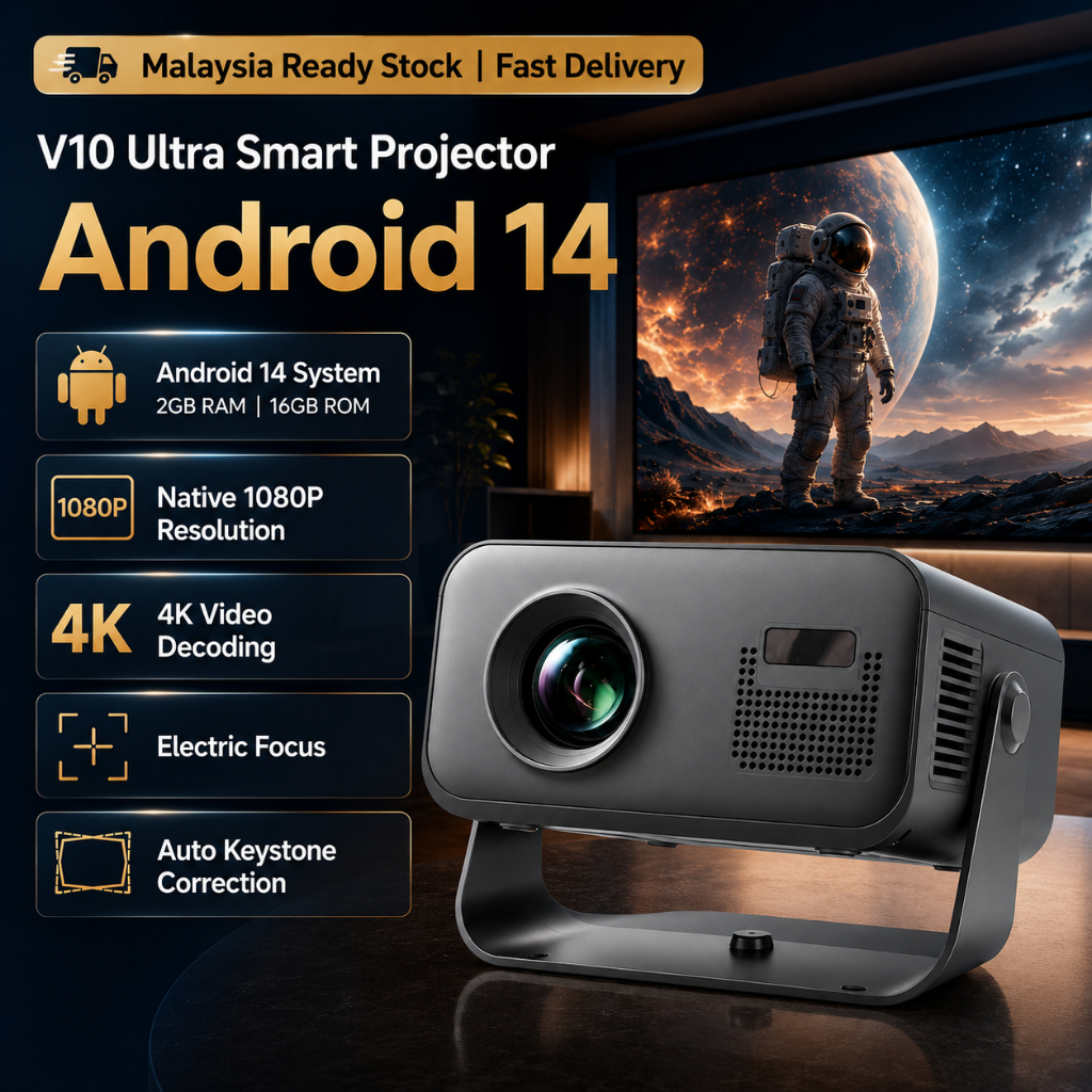 Mini Projector 4k V10 Ultra with Android 14 600 ANSI Native 1080P Electric Focus Bulit-in Speaker for Home Theater HDMI