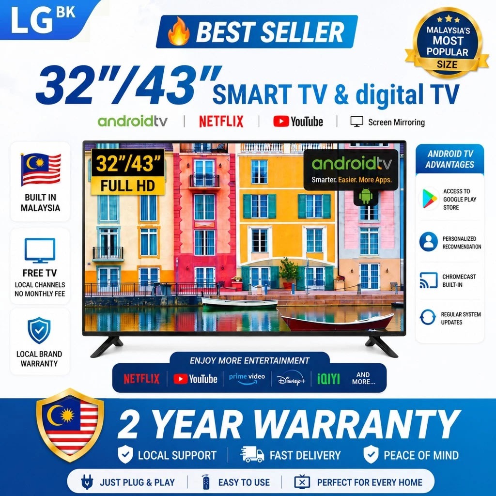 LGBK Smart TV 55 Inch 4K Bezel-less TV 50/43/32inci Android TV Pintar FHD Television 电视机 YouTube MYTV 2/5 Years Warranty