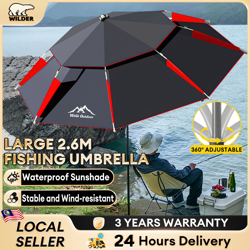 2.6M/1.8M Fishing Umbrella Payung Mancing Besar 360° Adjustable UV Rainproof Sun Shade Camping Beach
