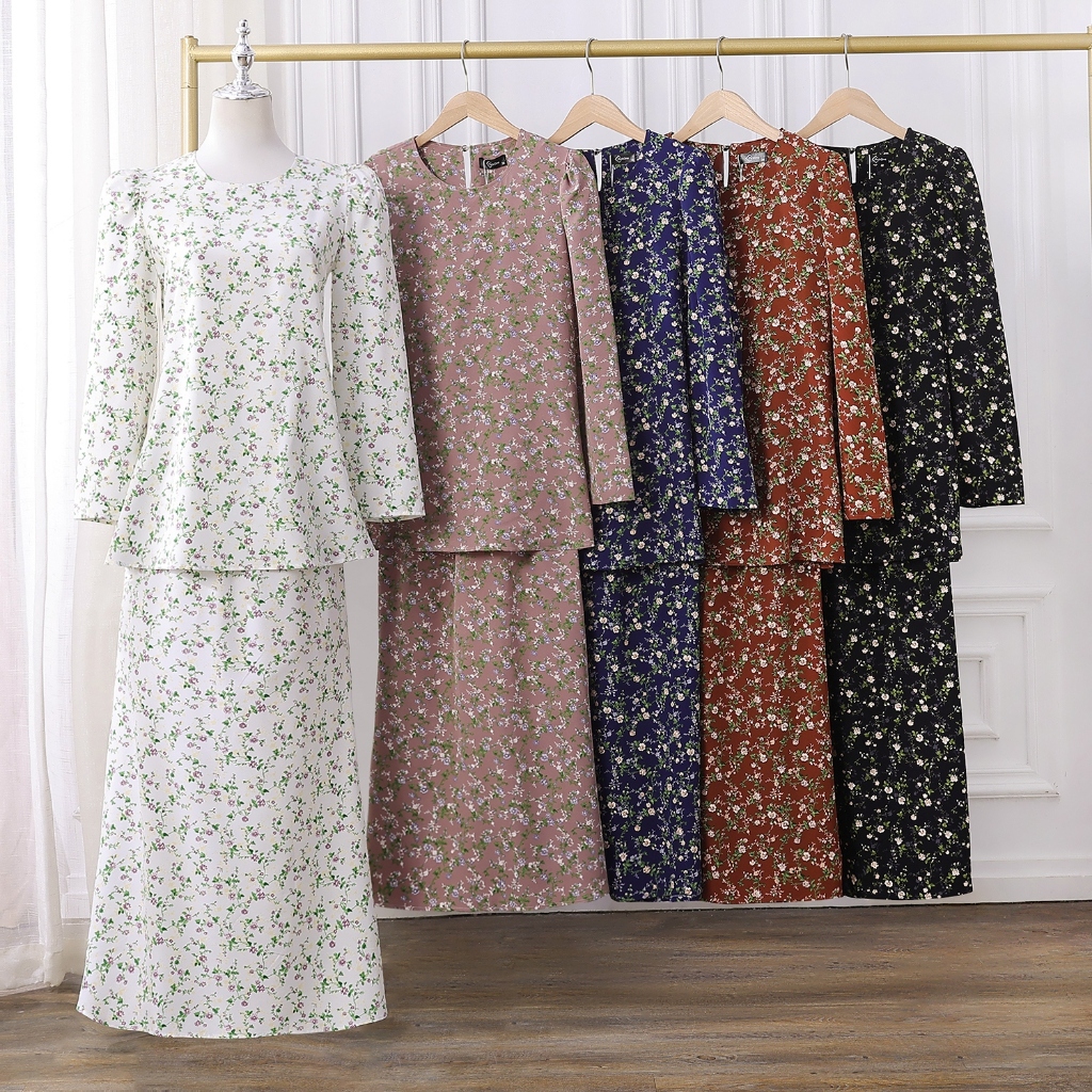 Pickone Fashion Modest Muslimah Kurung Set Baju Kurung Muslimah Ironless Lengan Puff Corak Ranting Bunga Clothing Wanita