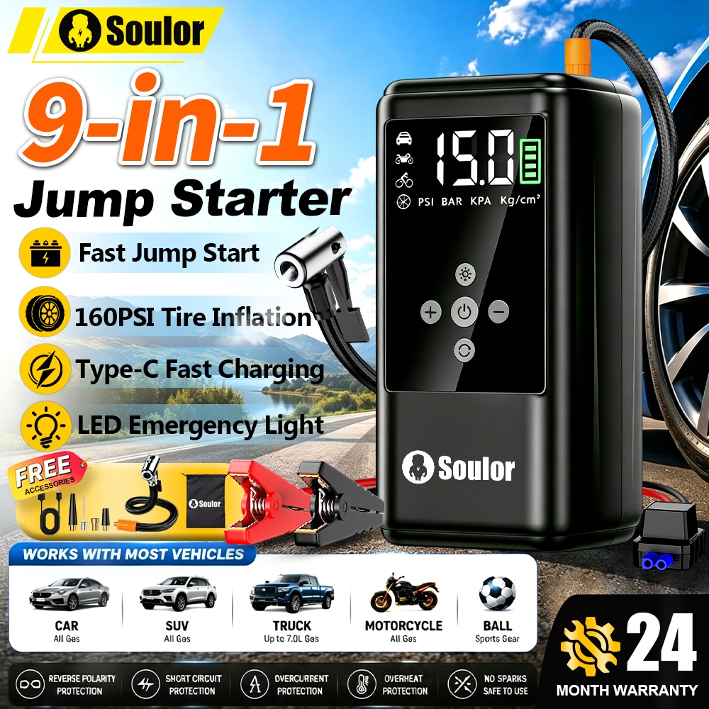 Soulor 9 IN 1 Car Jump Starter powerbank Multifunction Portable Pump Tire Inflator 128800mAh Rechargeable Jumper kereta