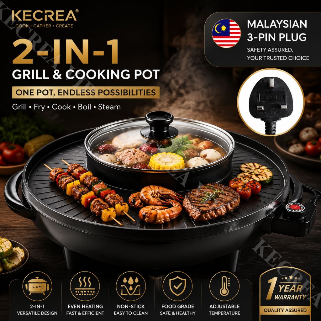 KECREA Steamboat and Grill Pan 2 In 1 Multifunction BBQ Electric Grill for Family Dinners