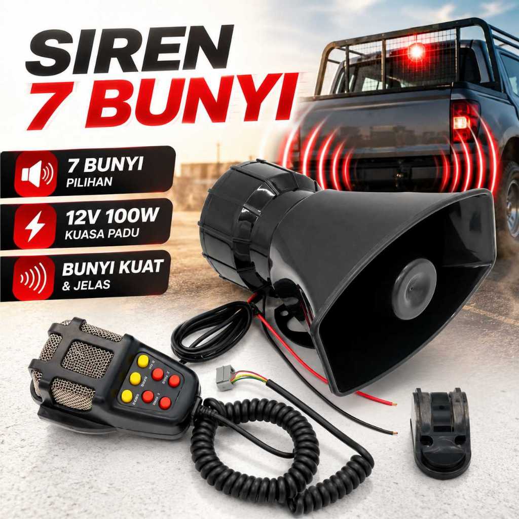 Siren Kereta 12V 100W 7 Nada Elektronik, PA Speaker Mikrofon untuk Lori Bot Pickup Van Kecemasan Bunyi Kuat