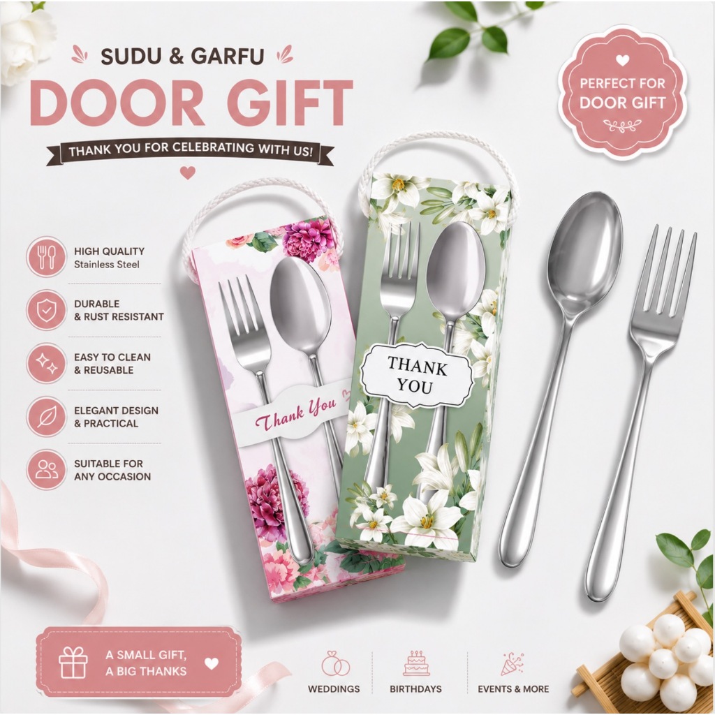 1SET PROMOSI DOORGIFT SUDU GARFU / STAINLESS STEEL CUTLERY / DOORGIFT SPOON AND FORK / SUDU DAN GARFU