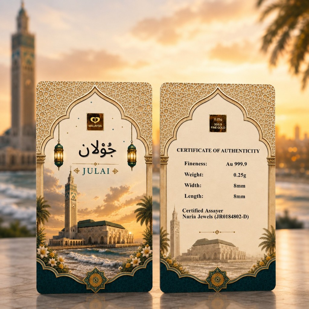 Naria 999.9/24K Gold Bar 0.25gm Julai Jawi Design Islamic Calendar Collection Pelaburan&hellip;