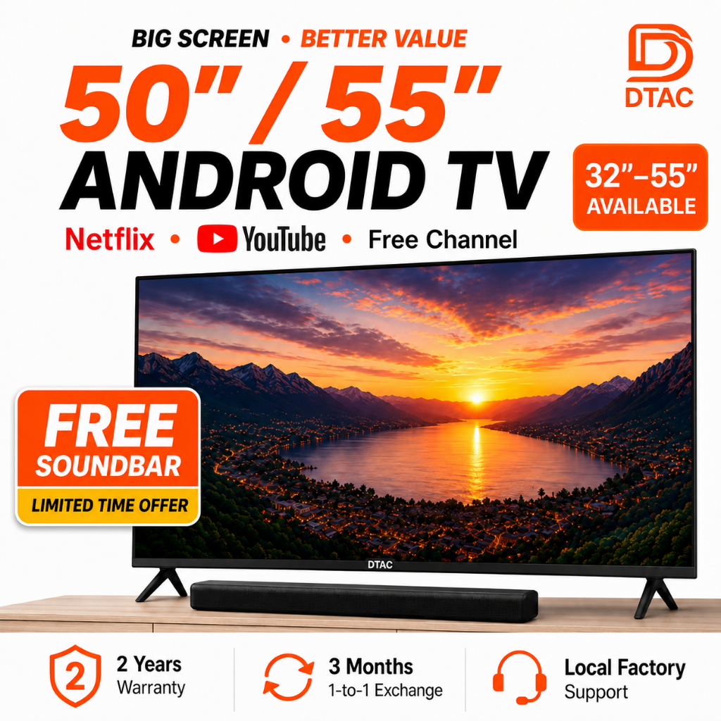 DTAC 50“ 55” Televisyen Android TV Smart TV LED TV Netflix YouTube Tempered Glass Televisyen Pintar