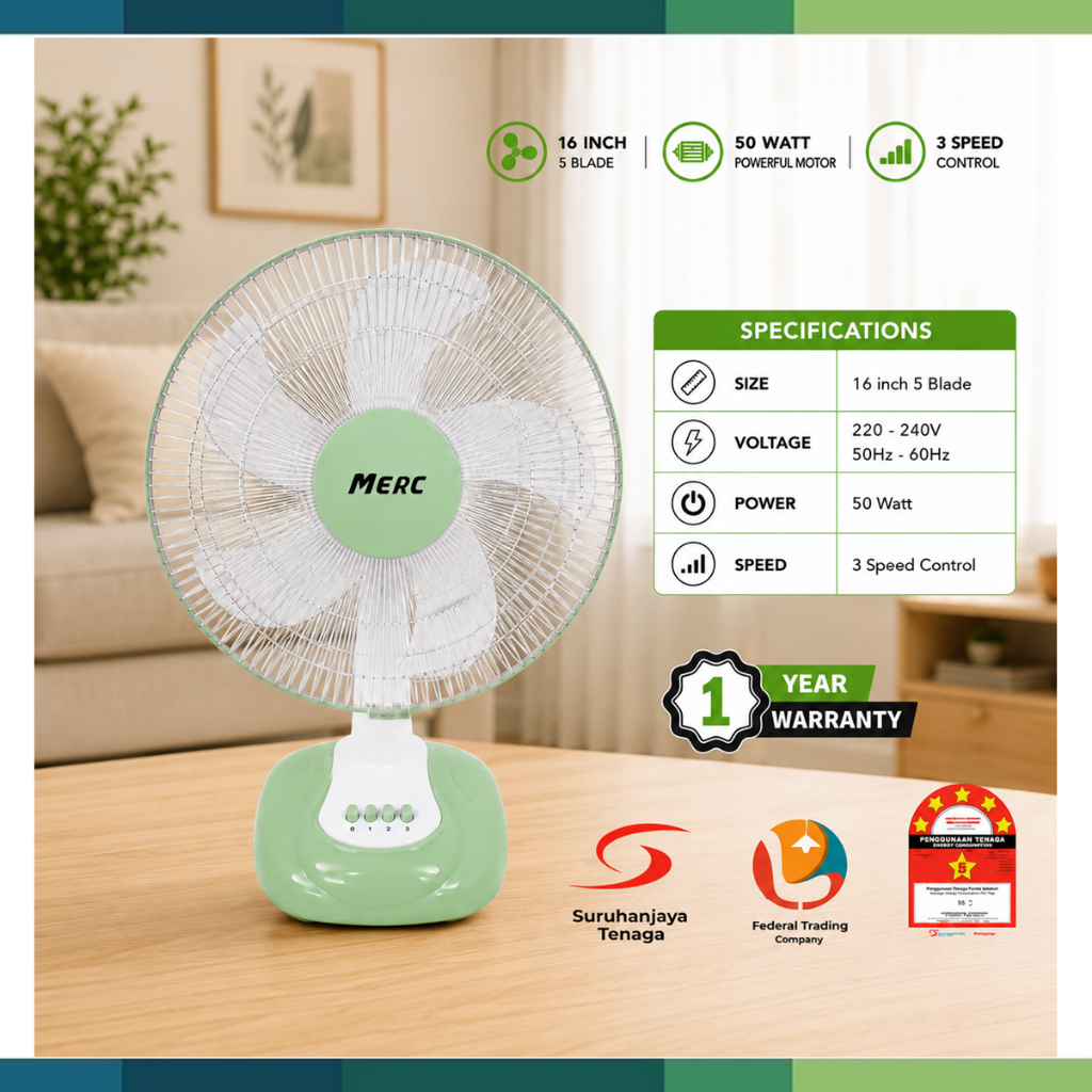 MERC 16" Table Fan 5 Fan Blades Kipas Meja 5 Bilah Kipas