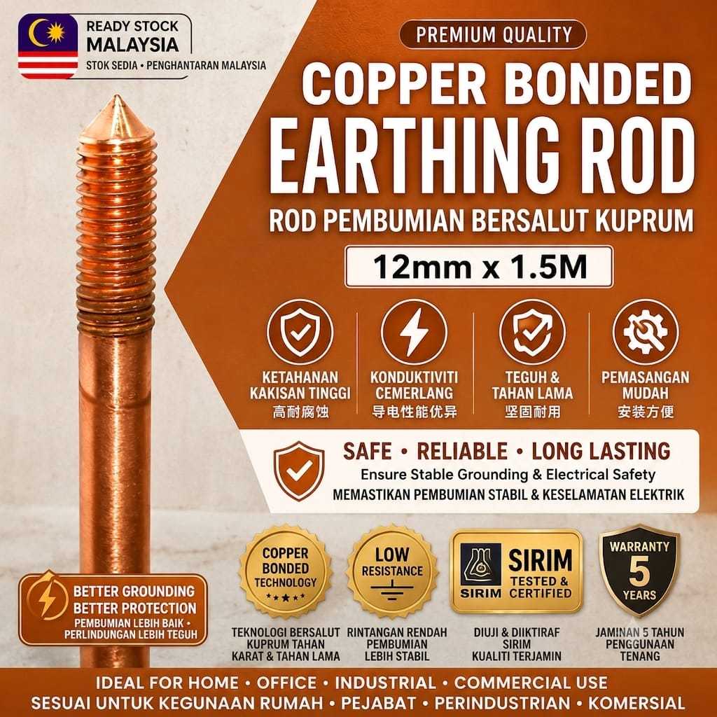 12MM x 1.5M 5ft Copper Rod Earth Rod Grounding Rod For Electrical Grounding EARTHING ROD