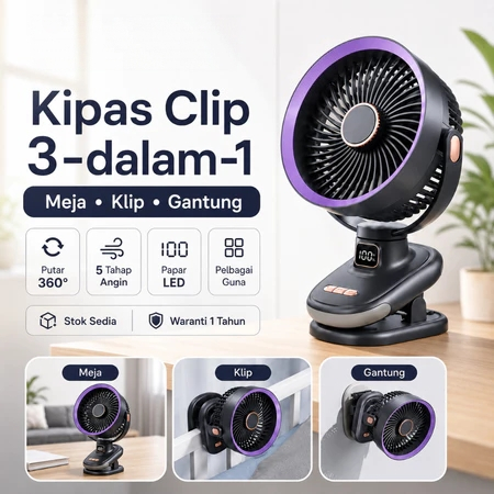 Kipas Klip Portable USB Rechargeable 360° Auto Oscillation Angin Kuat Senyap Kipas Meja & Gantung