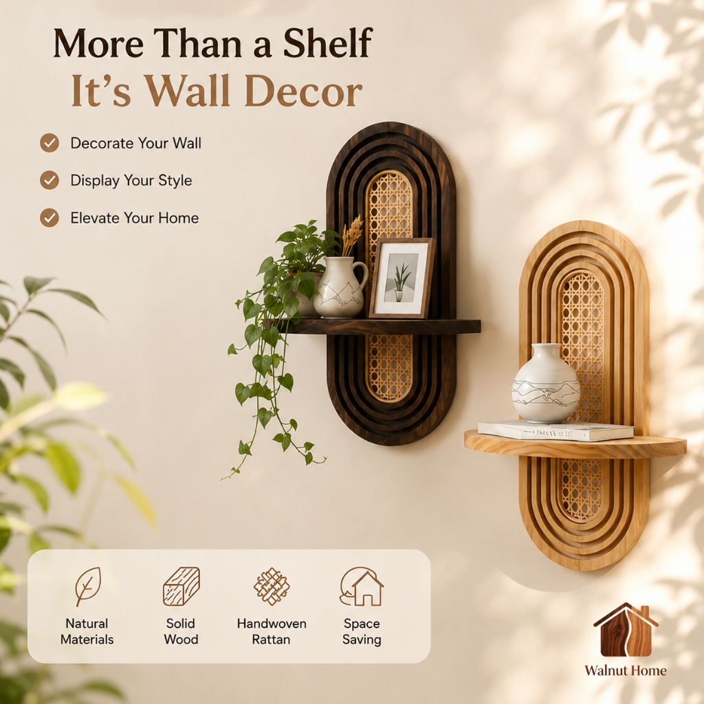 Boho Rattan Wood Wall Hanging Decorative Plant Shelve Classic Vintage Home Porch Living Room Storage