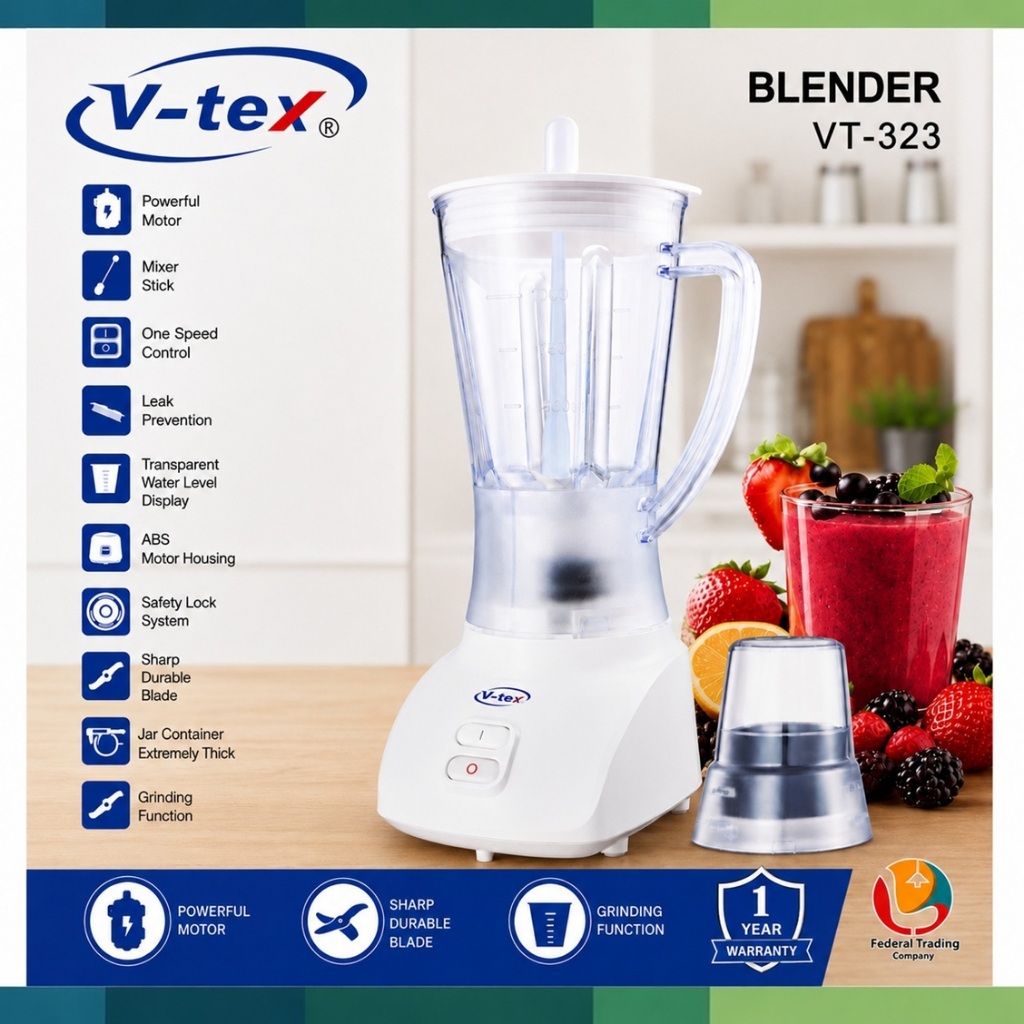 V-tex Blender VT-323 | 1L Jug with Dry Mill | 350W Power | Mesin Pengisar
