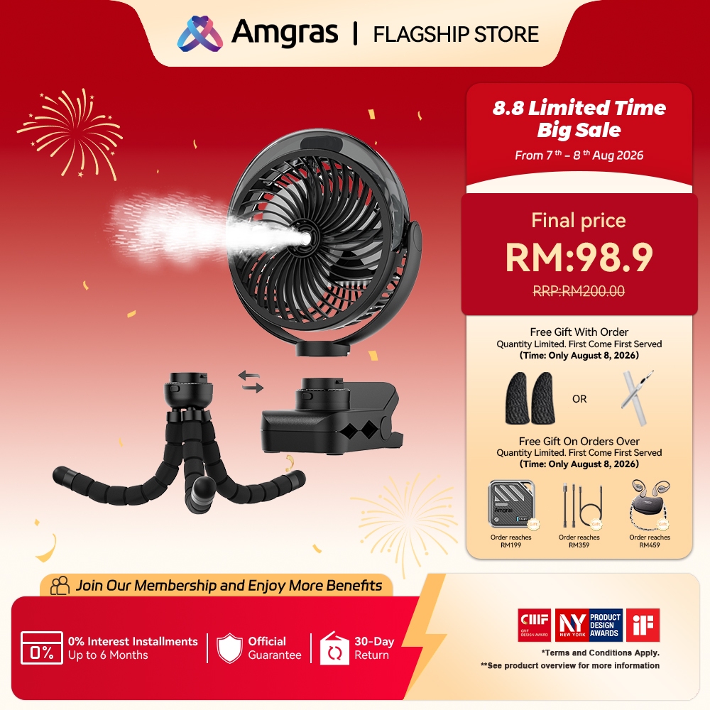 Amgras Stroller Baby Portable Mini Fan Rechargeable 9 Leds/Ultra Quiet/Flexible Tripod/55 Hours (6000mAh)