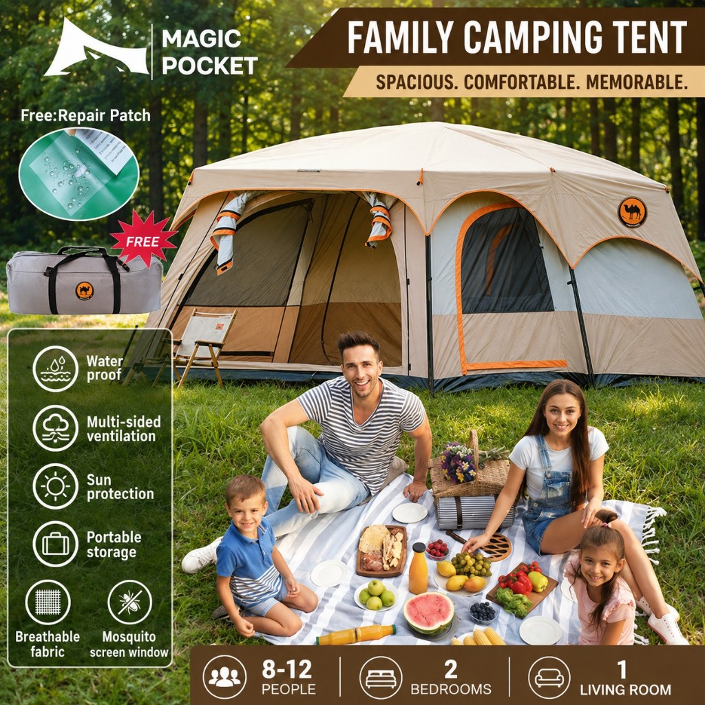 Magicpocket khemah camping tent Genuine  khemah unta 10-14Person Large Camping Camel Family Tent outdoor