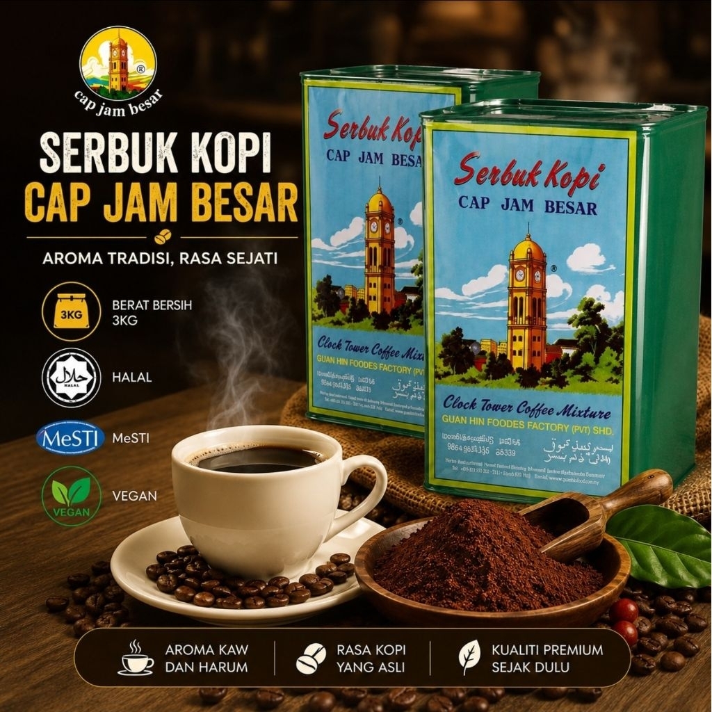 CAP JAM BESAR SERBUK KOPI Traditional Black Coffee 3KG | Kopi Hitam Penang | HALAL | MesTI | Vegan