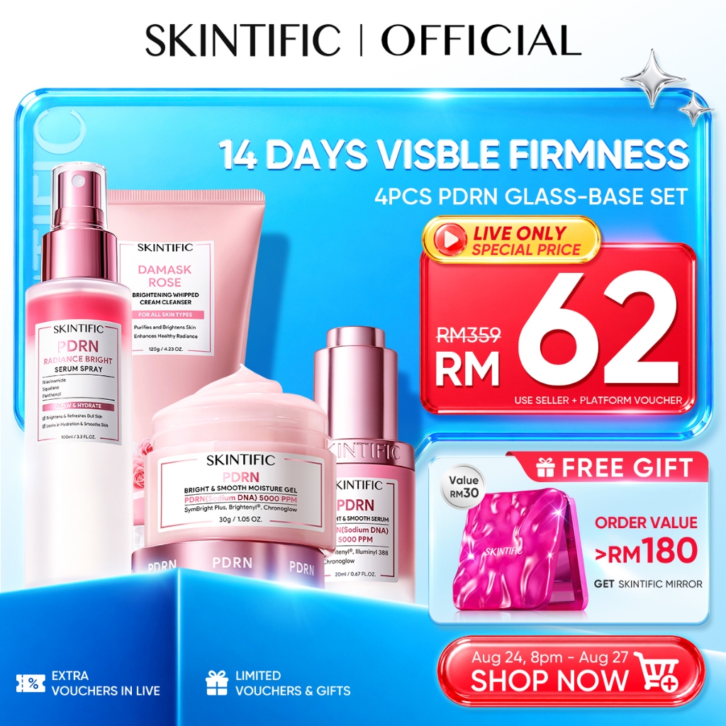 [LIVE EXTRA 25%]SKINTIFIC 4PCS Sunblock PDRN Skincare Glowing Set SPF50+ PA++++丨Cleanser,Serum,Moisturizer,Sunscreen