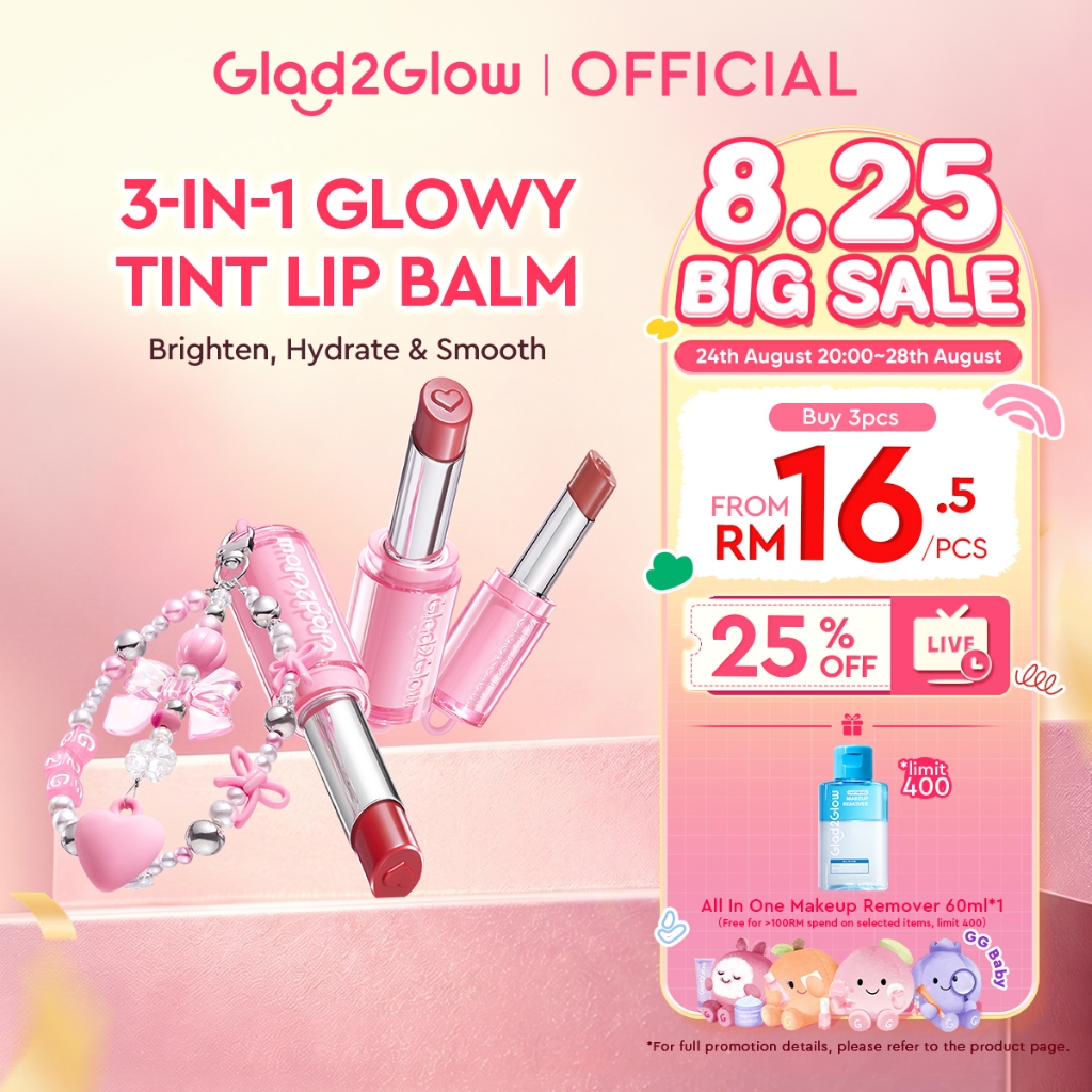 【Live Extra-NEW LAUNCH】Glad2Glow 3-IN-1 GLOWY TINT LIP BALM Brightening Formula Boost Lip Vitality HydraLock