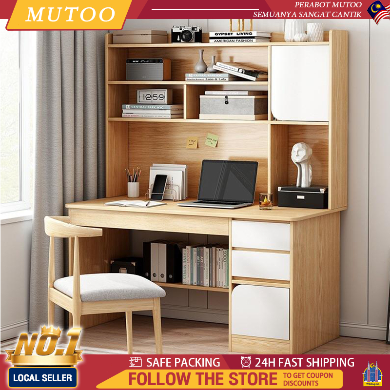 MT-Study Table Meja Computer Table With Book Shelf Multi-level Storage Stable And Wobbly Crossbar Reinforcement
