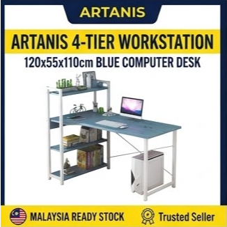 120x55x110cm 4 Tier Blue Biru Computer Desk Table Bookshelf Storage Study Workstation Home Office Shelf Meja Furniture