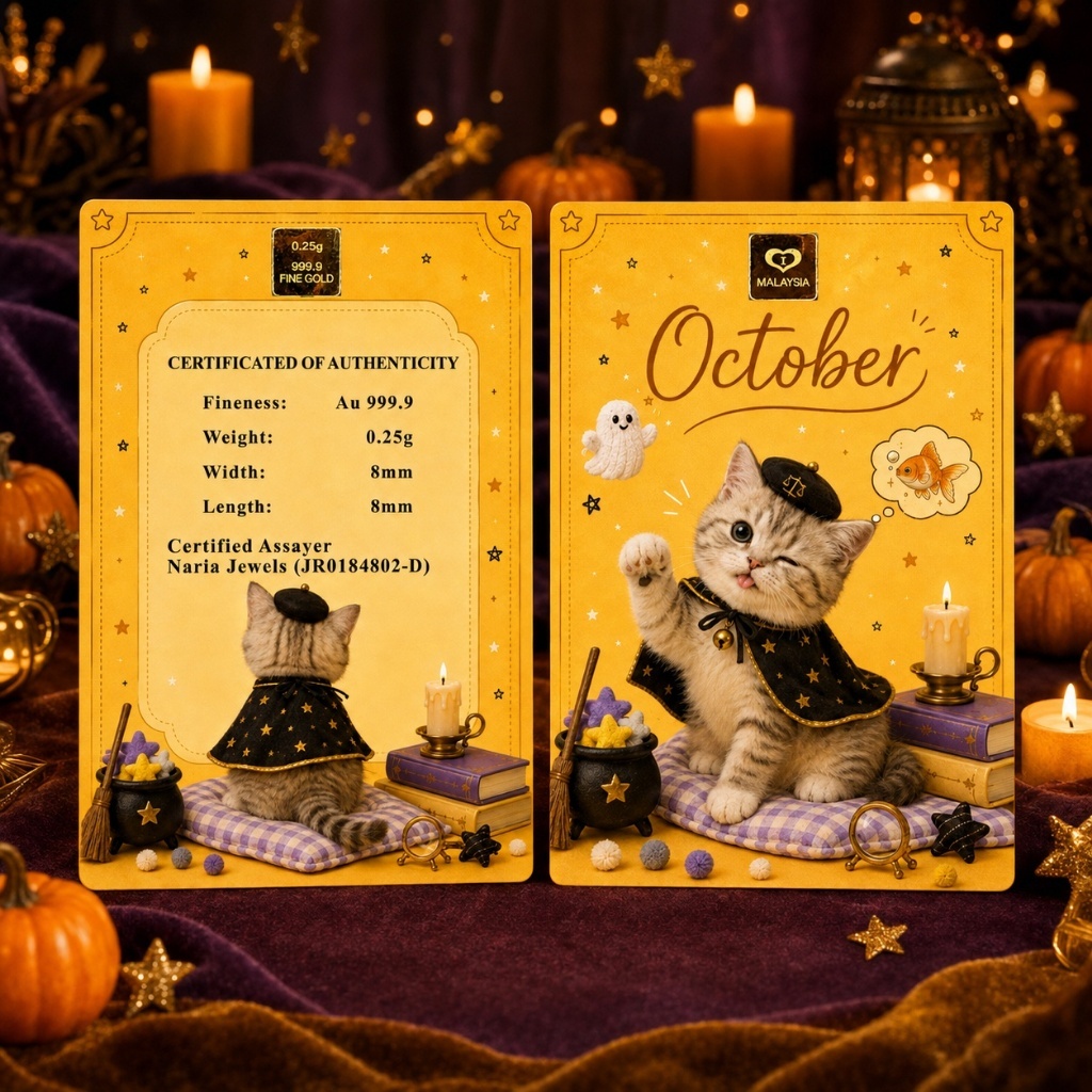 Naria 999.9/24K Gold Bar 0.25gm Cute Cat October Design Emas Tulen Gold&hellip;