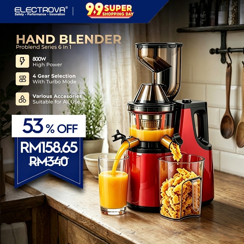 Electrova 6-in-1 Hand Blender Mixer Set | Turbo Mesin Jus | 6 Accessories | Stick Blender | Food Processor Combo Set
