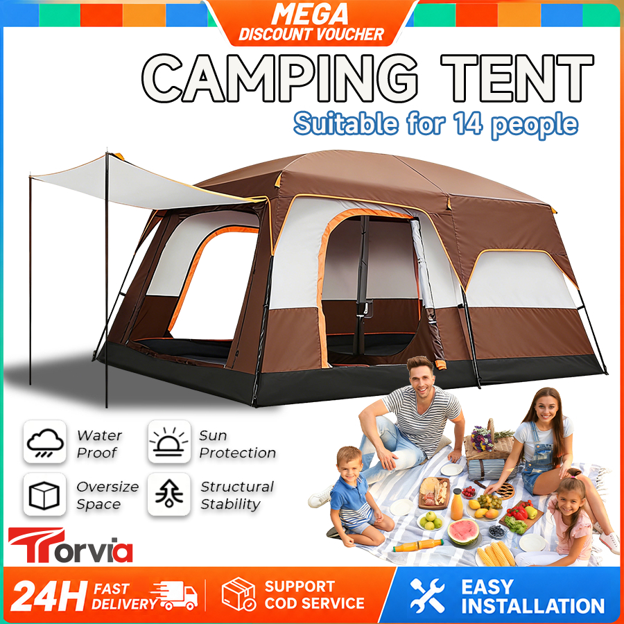 khemah Unta Camel Tent 2 Rooms Large Tent 8/14 Person Waterproof Beser Khemah Camping Portable Outdoor Family Tents