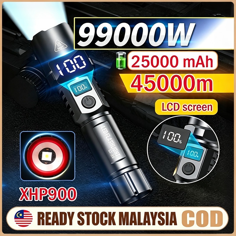 Super Bright Zoom LED Flashlight, USB Rechargeable LCD Power Display | Lampu Suluh LED Zum Boleh Dicas Semula USB