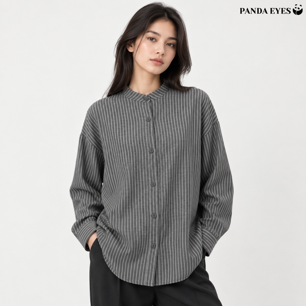 PANDAEYES YANA Stripe Blouse Kemeja Baju Muslimah Wanita Korean labuh Loose Oversize Office Wear Cotton Ironless 73070