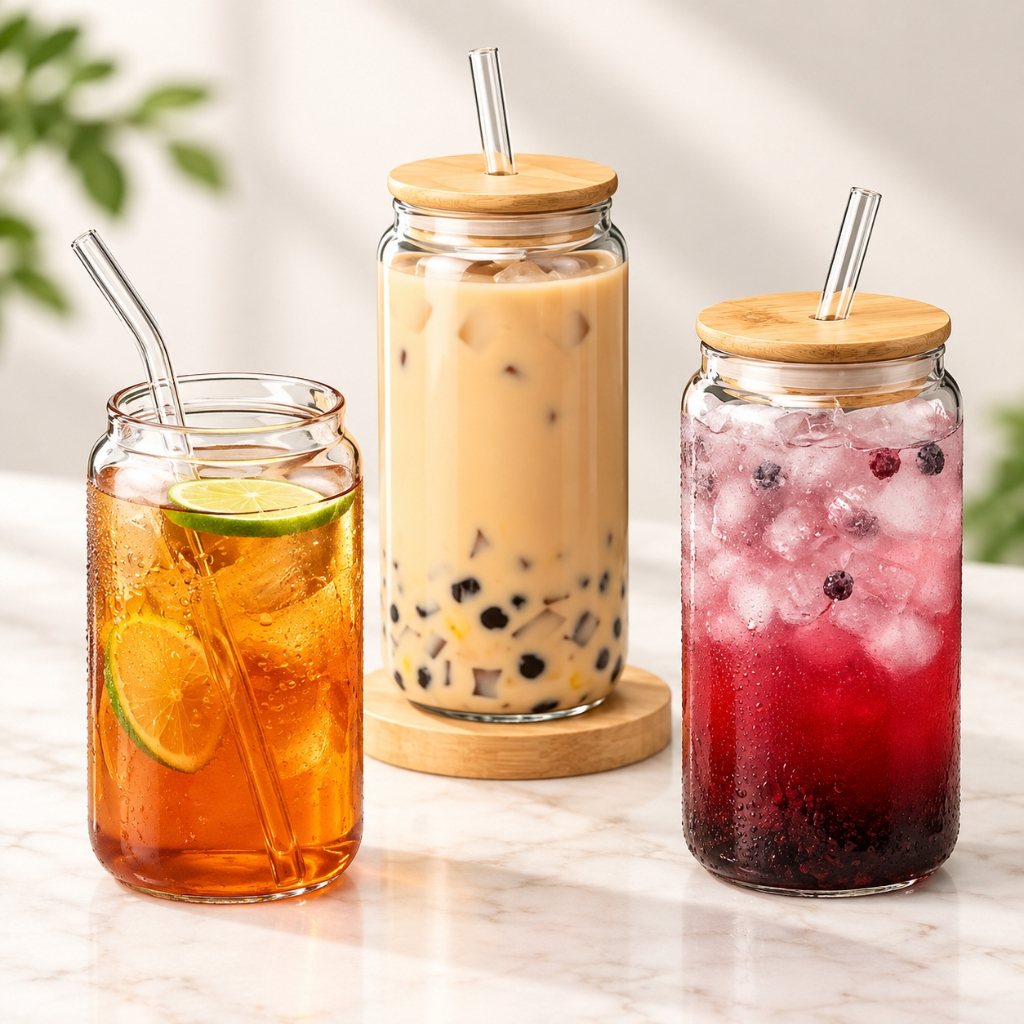 Drinking Glasses with Bamboo Lids and Glass Straw Coffee&Juice&Milk Cup Cawan GelasCola Mug Cup Set