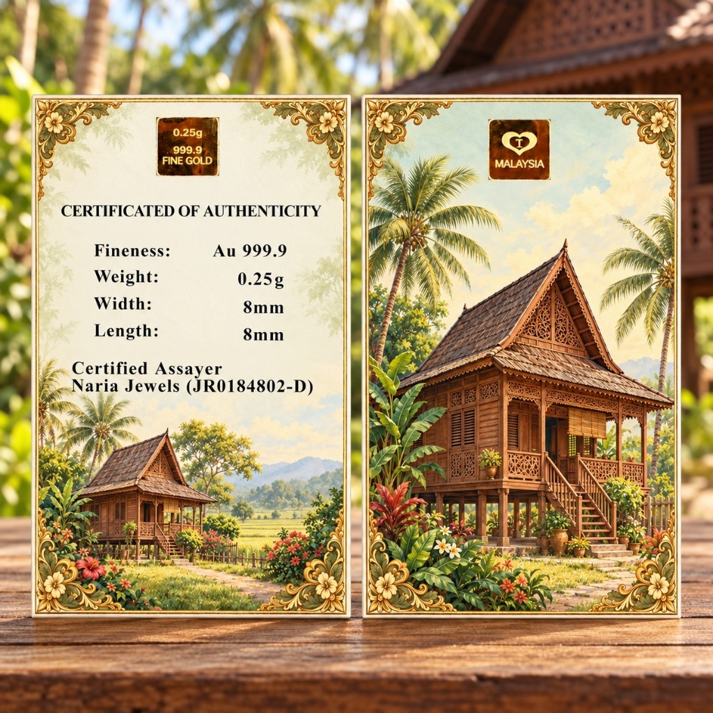 Naria 999.9/24K Gold Bar 0.25gm Rumah Kampung Design Emas Tulen Gold Investment Pelaburan Emas Hadiah Premium Warisan