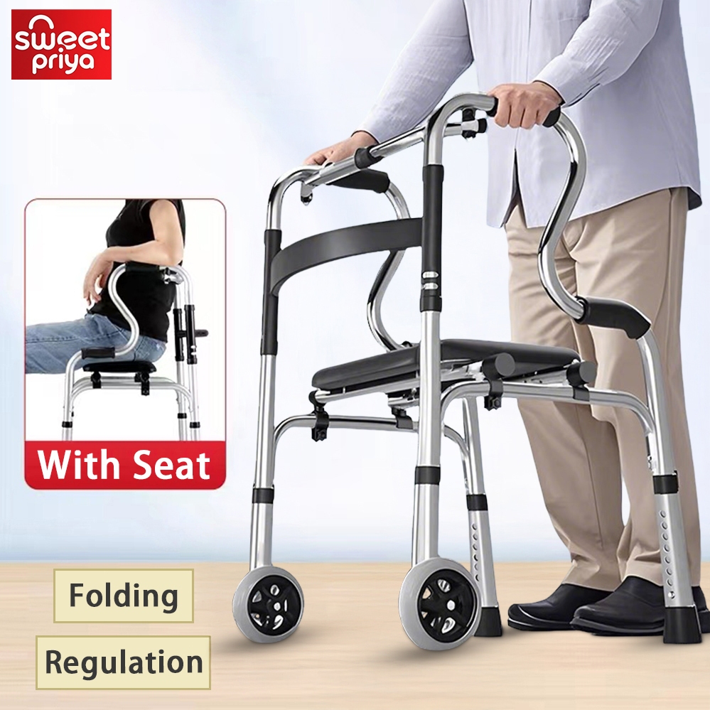 Foldable Elderly Walking Walker with Wheels & Seat Aid Adjustable Frame Crutch Stick Stainless Steel Tongkat Bantu Jalan