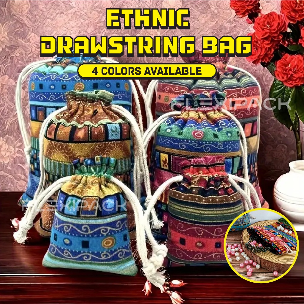 Ethnic Drawstring Bag Linen Jute Pouch Bag Jewelry Doorgift Burlap - Beg Serut Etnik Guni Uncang Hadiah Gaya Seni - 收納袋