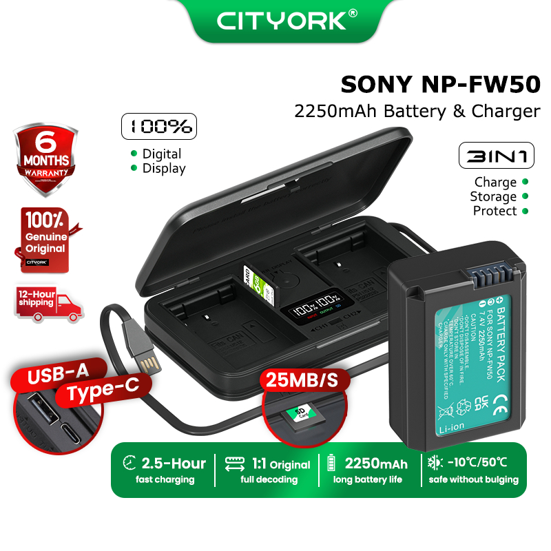 CITYORK NP-FW50 2250mAh Sony Camera Battery & 3IN1 Charger For ZVE10 Alpha A6500 A6300 A6400 A6000 A6100 A5000 A3000