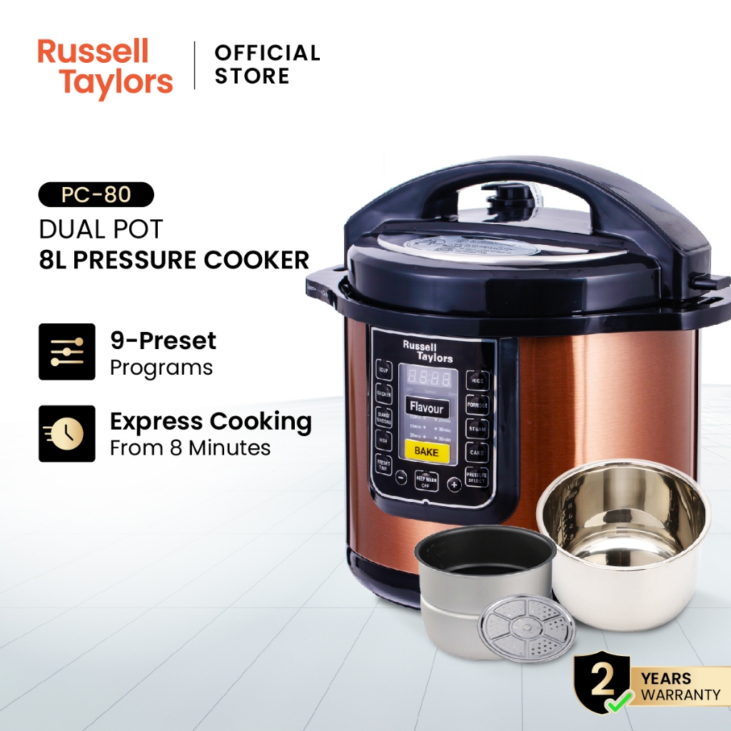 Russell Taylors Dual Pot Pressure Cooker Electric Rice Cooker 2 Inner Pots + 1 Steam Rack PC-80