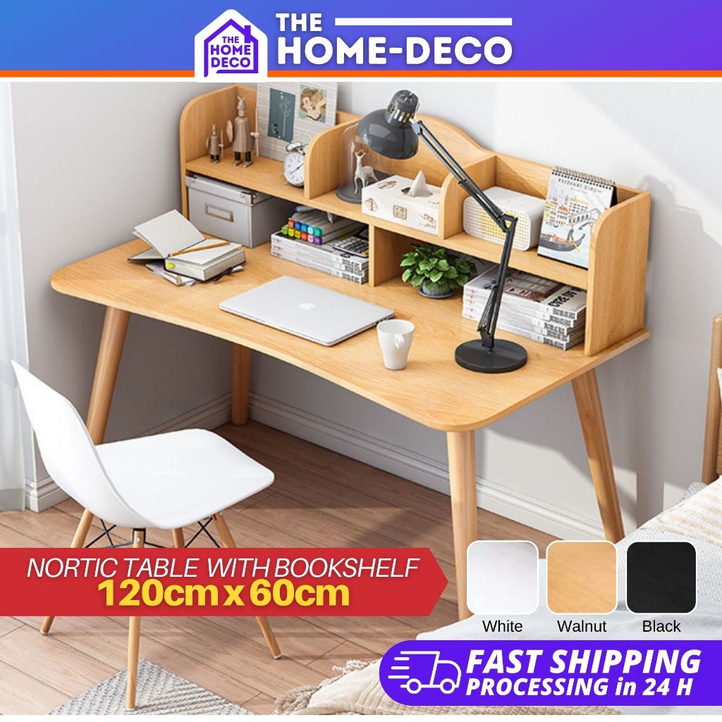 Nordic Table with Bookshelf Solid Wood Desk Writing Table simple Computer Desktop Meja + Rak Buku ( 80 / 100 / 120cm )