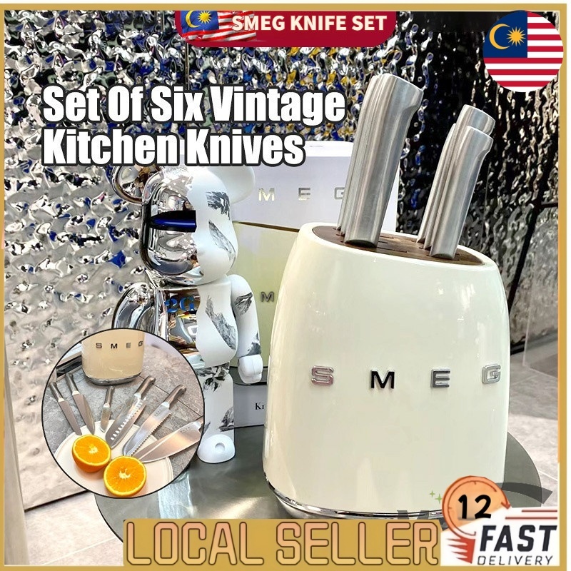 Same-day Italy Smeg 7-Piece Knife Acacia Storage Block & Stainless Steel Knives Full Set Cream Set Pisau SMEG