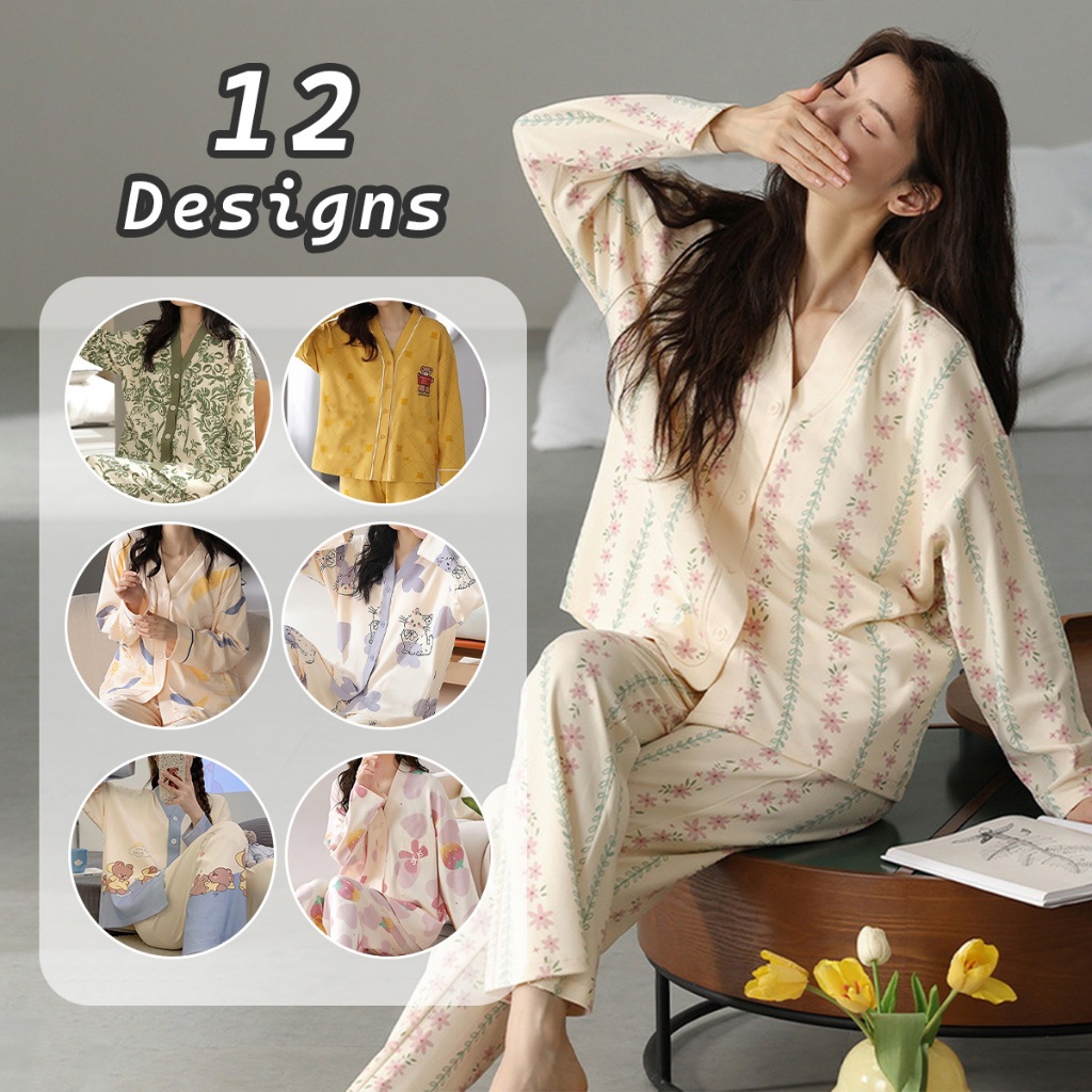 Simple Set Pyjamas Women Long Sleeve Floral Print Pajama Woman Sleepwear Girl Baju Tidur Set Lengan Panjang Wanita PJ025
