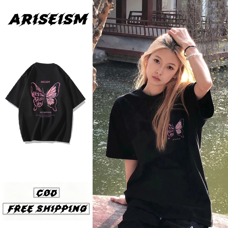 ARISEISM Oversize T Shirt Woman Summer Short Sleeves butterfly print College Style Shirt Korean OOTD