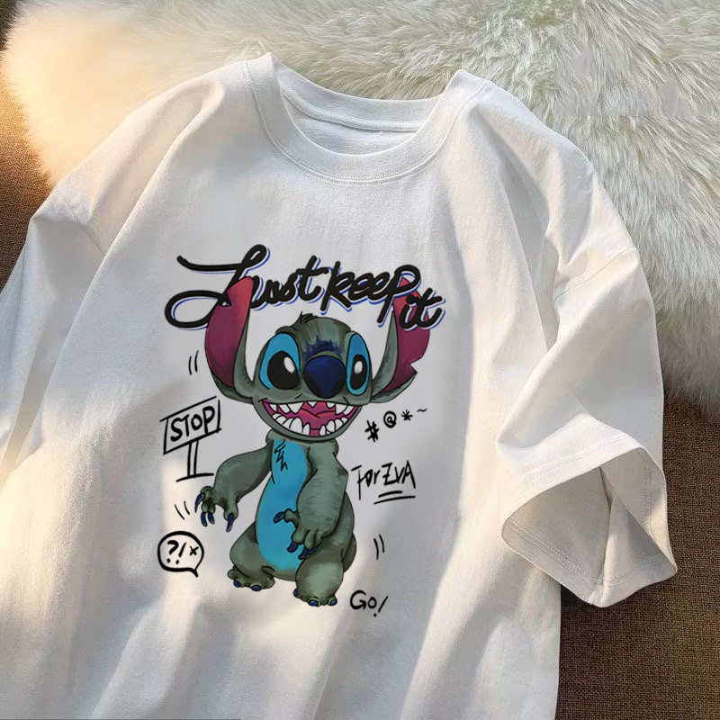 Women's T-shirt short sleeved retro trend Stitch print round neck top for summer