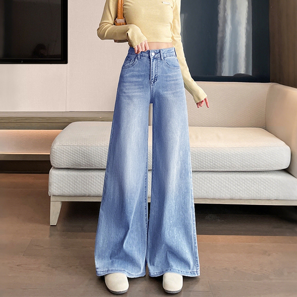 CLASHE Wide Leg Jeans Wanita Casual Pinggang Denim Baggy Pants Plus Size Flare Jeans